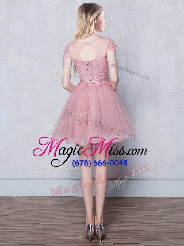 wholesale high end scoop pink tulle lace up wedding guest dresses short sleeves mini length lace and appliques and belt