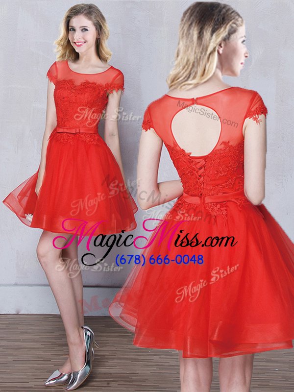 wholesale free and easy scoop tulle short sleeves mini length vestidos de damas and appliques and belt
