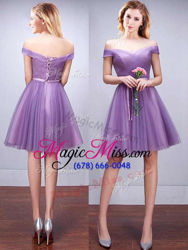 wholesale deluxe lavender a-line tulle one shoulder sleeveless beading and appliques and ruffles and ruching and belt and hand made flower mini length lace up court dresses for sweet 16