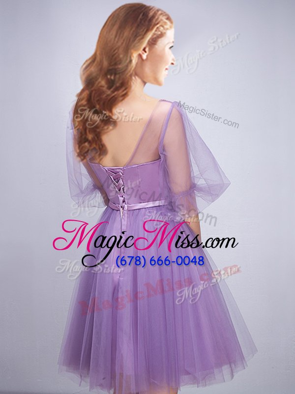 wholesale customized lavender scoop neckline appliques and ruching and belt wedding guest dresses half sleeves lace up