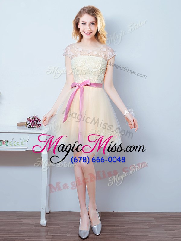 wholesale luxury scoop short sleeves mini length lace up dama dress champagne and in for prom and party and wedding party with lace and appliques and ruffles and bowknot