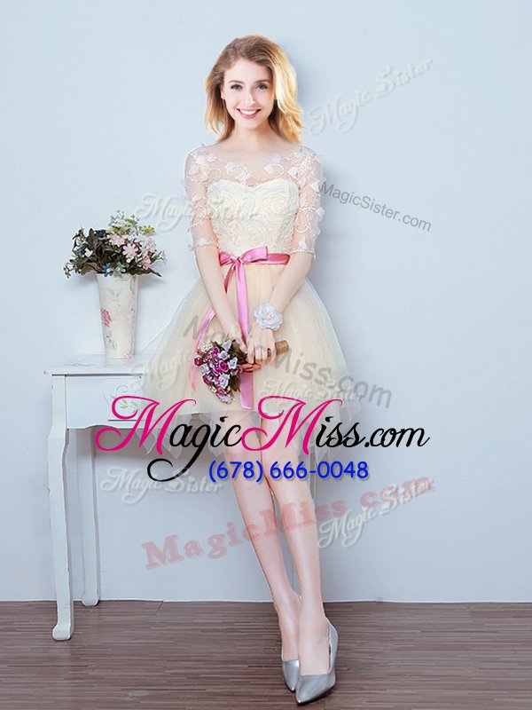 wholesale dazzling mini length champagne quinceanera court of honor dress scoop half sleeves lace up
