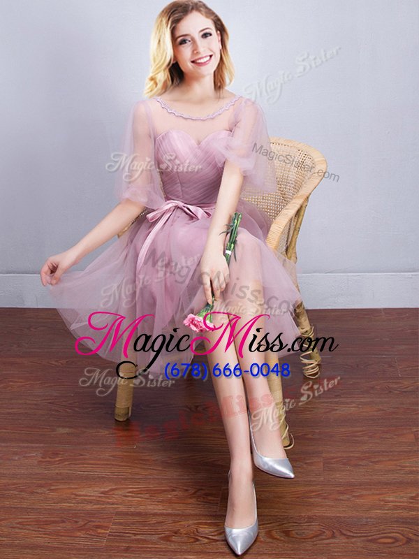 wholesale fantastic scoop half sleeves tulle mini length lace up wedding party dress in pink for with ruching and bowknot