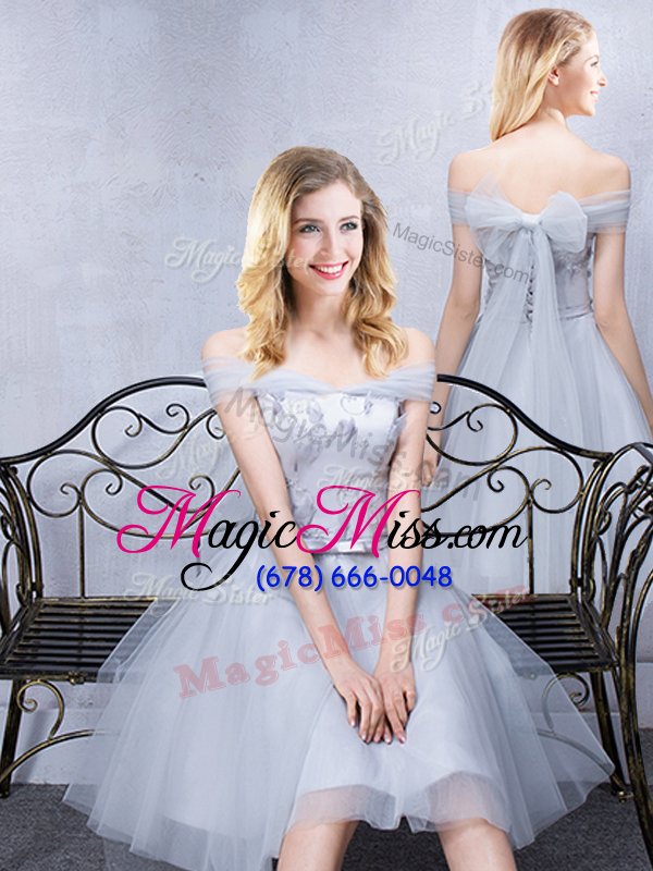 wholesale chic scoop knee length a-line sleeveless grey bridesmaids dress lace up
