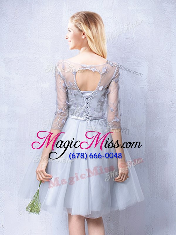 wholesale graceful knee length grey wedding guest dresses scoop half sleeves lace up
