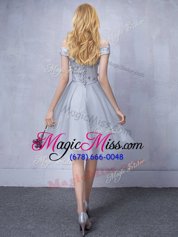 wholesale fancy a-line quinceanera dama dress grey off the shoulder tulle sleeveless knee length lace up