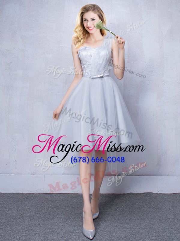 wholesale best selling grey quinceanera court of honor dress prom and party and wedding party and for with lace and appliques and belt one shoulder sleeveless lace up