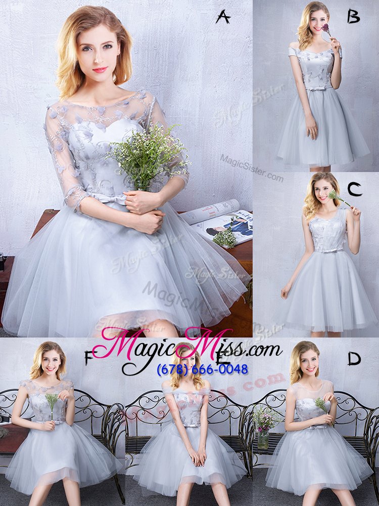 wholesale custom designed knee length grey bridesmaid gown scoop cap sleeves lace up