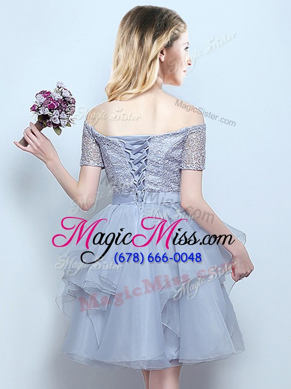 wholesale shining off the shoulder short sleeves mini length lace up bridesmaids dress grey and in for prom and party and wedding party with lace and ruffles and belt