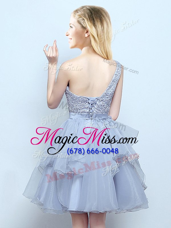 wholesale high class one shoulder grey lace up dama dress lace and ruffles and belt sleeveless mini length