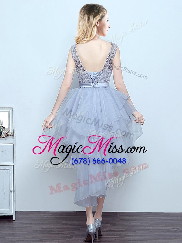 wholesale customized scoop sleeveless lace up quinceanera dama dress grey organza and lace