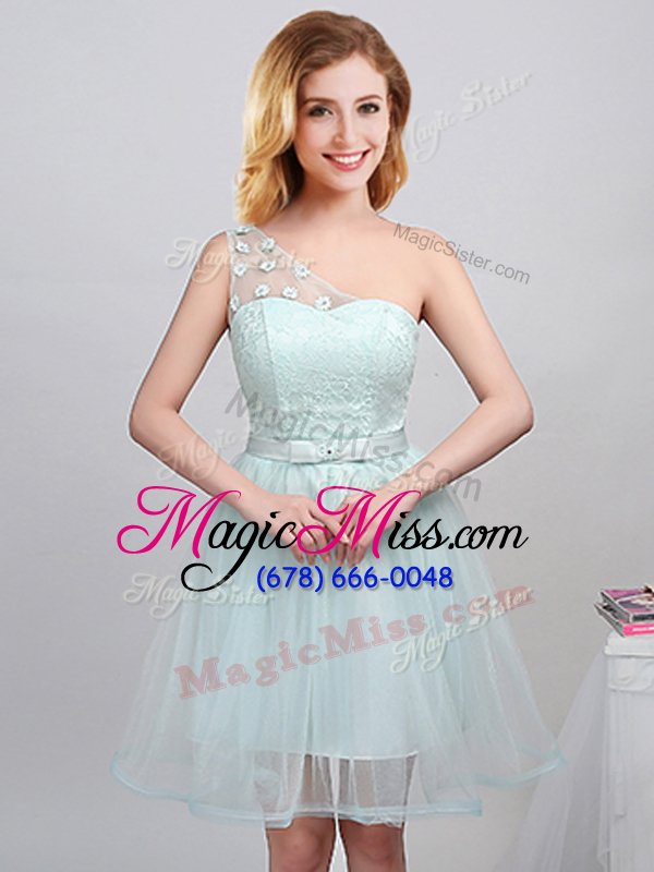 wholesale simple apple green off the shoulder neckline lace and appliques and belt bridesmaid gown sleeveless lace up