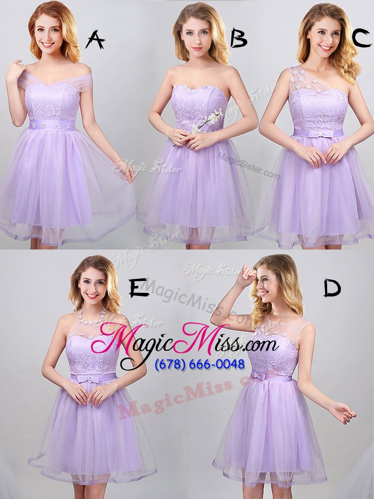 wholesale flirting off the shoulder lavender a-line lace and appliques and belt bridesmaids dress lace up tulle short sleeves mini length
