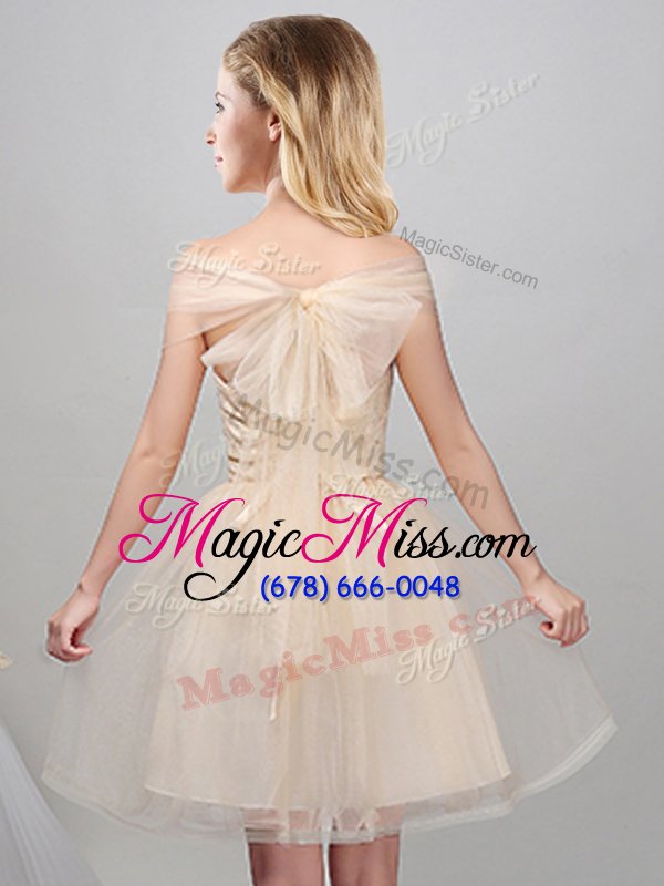 wholesale sophisticated champagne a-line tulle off the shoulder short sleeves lace and appliques and belt mini length lace up dama dress for quinceanera