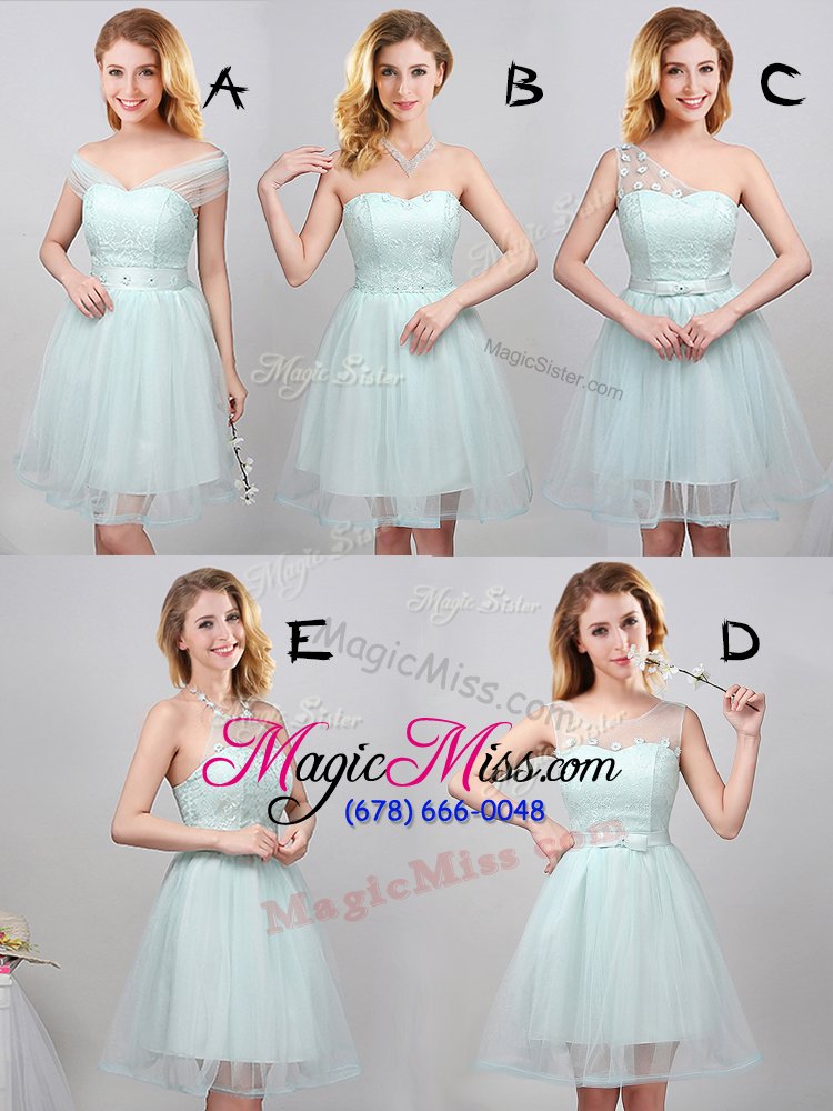 wholesale enchanting one shoulder mini length lace up bridesmaids dress apple green and in for prom and party and wedding party with lace and appliques and belt