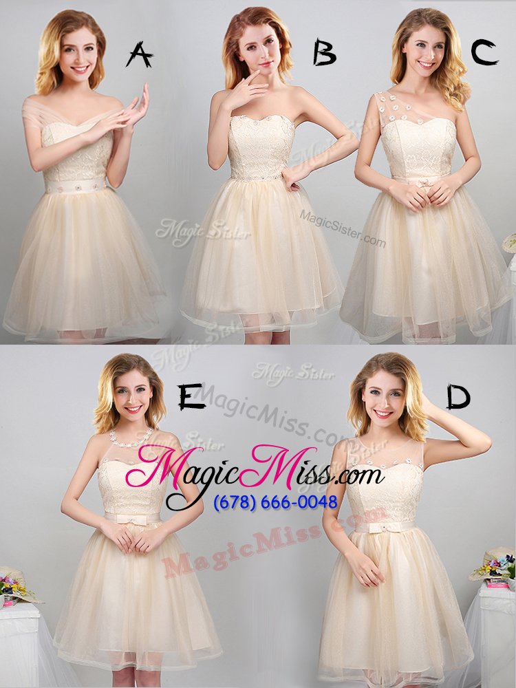 wholesale fitting halter top mini length champagne bridesmaids dress tulle sleeveless lace and appliques and belt