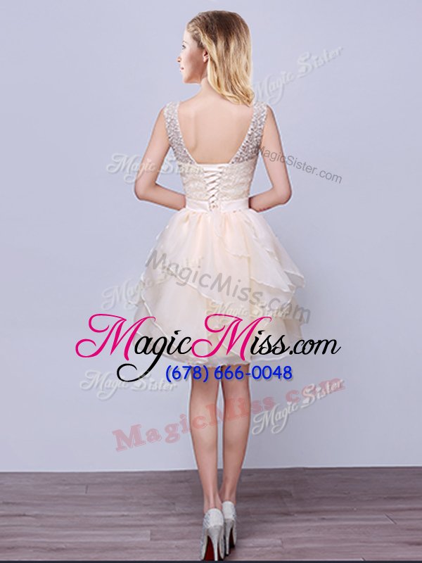 wholesale popular scoop sleeveless wedding guest dresses mini length lace and ruffles and belt champagne organza