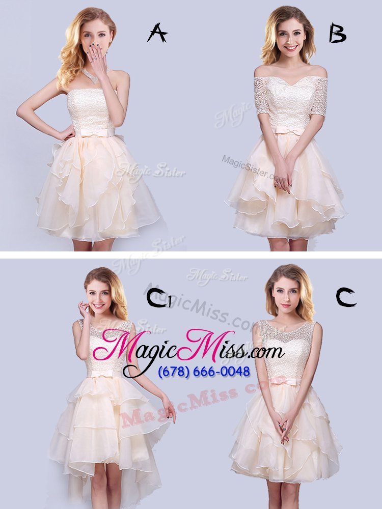 wholesale popular scoop sleeveless wedding guest dresses mini length lace and ruffles and belt champagne organza