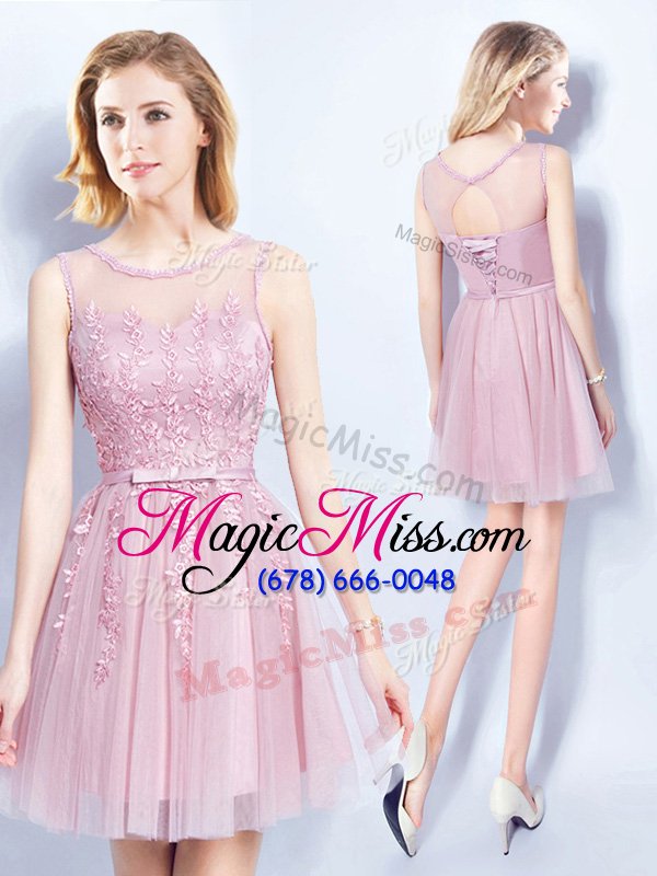 wholesale hot selling empire wedding party dress pink tulle sleeveless mini length lace up