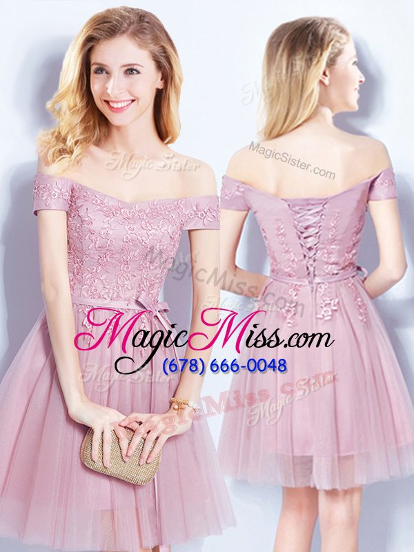 wholesale hot selling empire wedding party dress pink tulle sleeveless mini length lace up