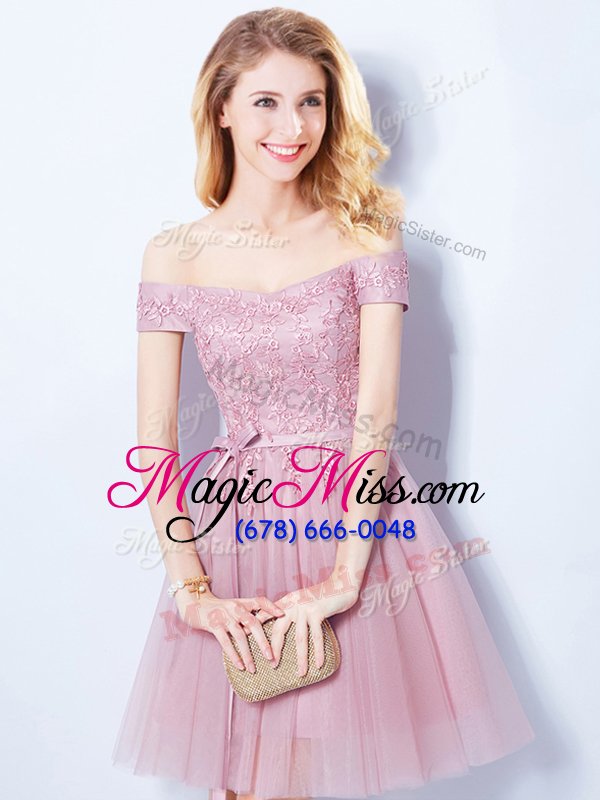 wholesale ideal off the shoulder pink sleeveless appliques and belt mini length bridesmaids dress