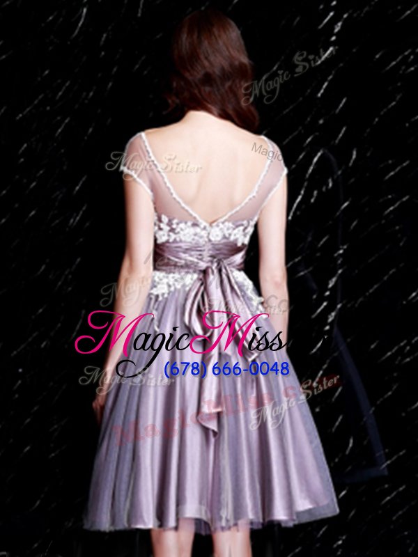 wholesale colorful lavender zipper v-neck appliques and belt vestidos de damas tulle short sleeves