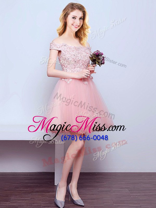 wholesale romantic off the shoulder beading and lace wedding party dress pink lace up sleeveless mini length