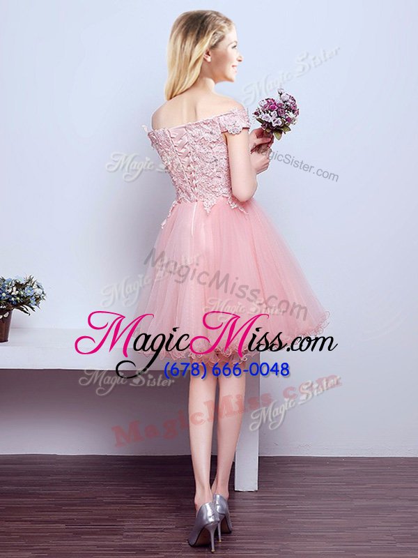 wholesale romantic off the shoulder beading and lace wedding party dress pink lace up sleeveless mini length