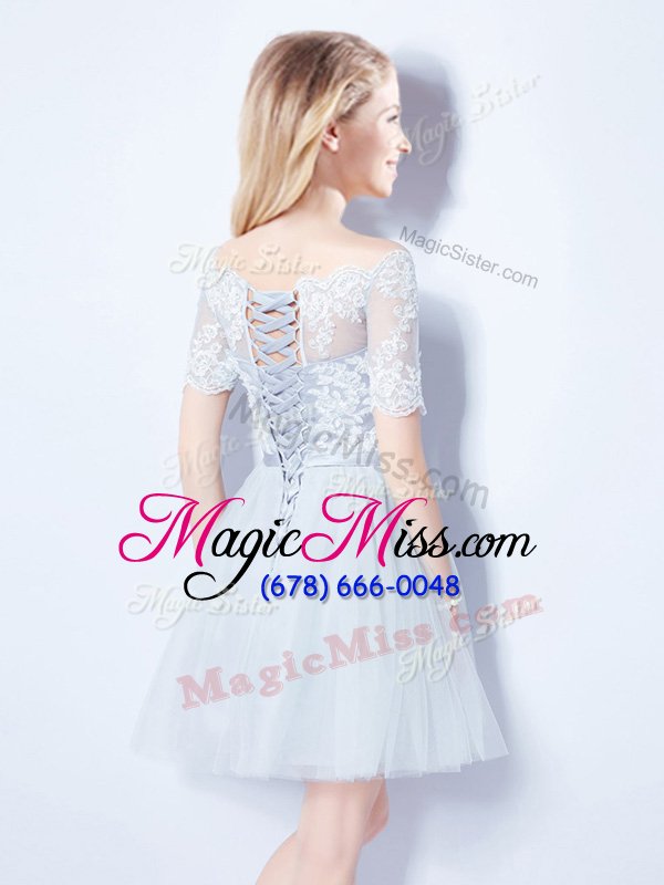 wholesale adorable a-line vestidos de damas light blue off the shoulder tulle short sleeves mini length lace up