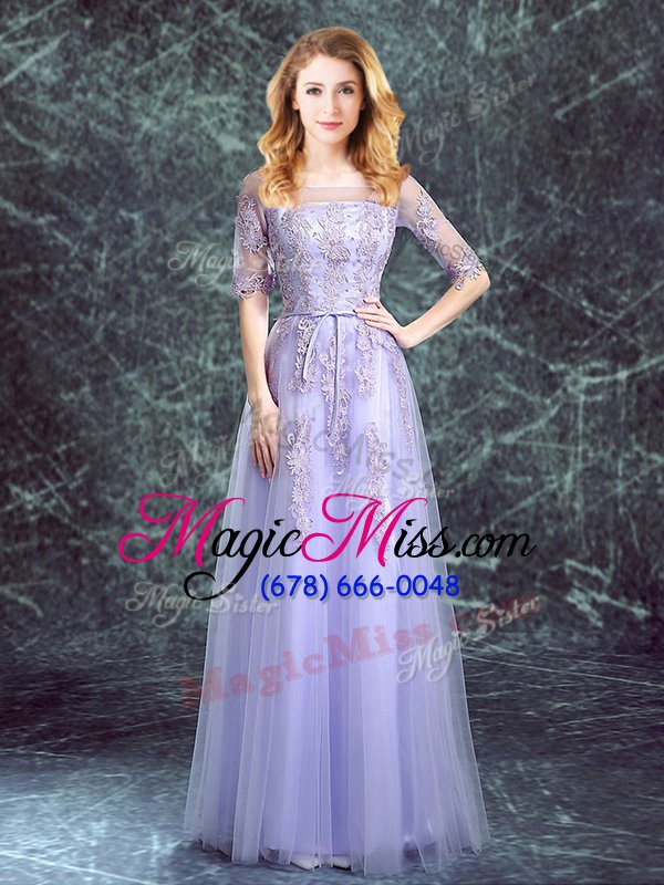 wholesale square half sleeves tulle floor length lace up bridesmaid dress in lavender for with appliques
