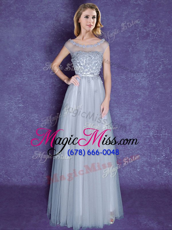wholesale extravagant tulle scoop cap sleeves lace up appliques and bowknot wedding party dress in grey