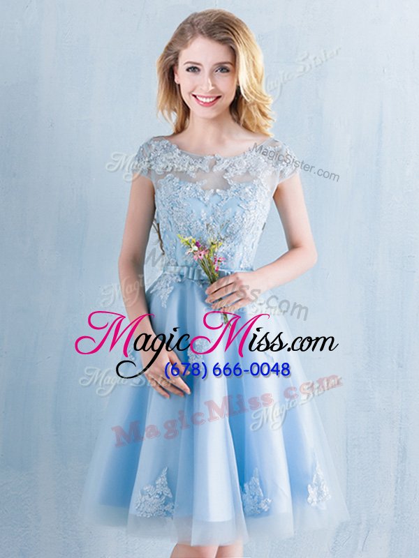 wholesale decent scoop short sleeves lace up bridesmaids dress light blue tulle