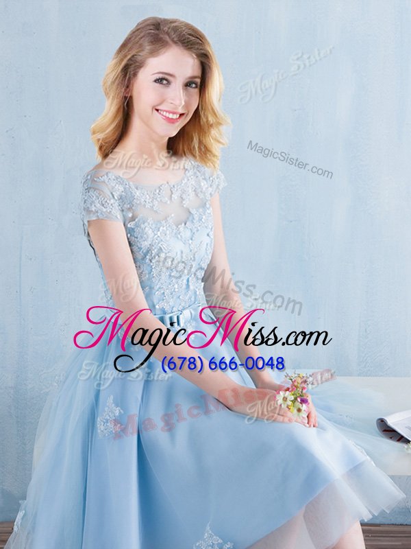 wholesale decent scoop short sleeves lace up bridesmaids dress light blue tulle