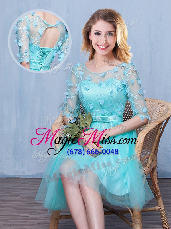 wholesale traditional scoop sleeveless tulle knee length lace up bridesmaids dress in aqua blue for with lace and appliques and bowknot