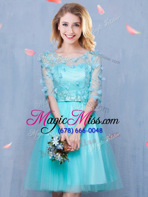 wholesale customized tulle scoop half sleeves lace up lace and appliques and bowknot bridesmaid dress in aqua blue