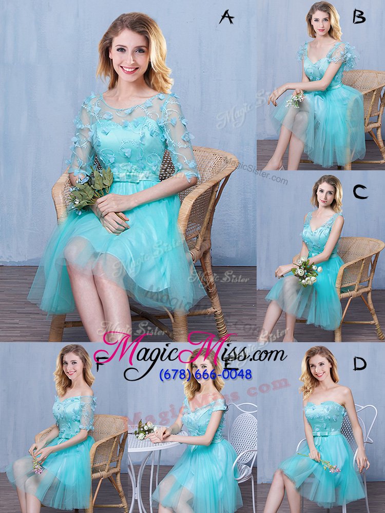 wholesale customized tulle scoop half sleeves lace up lace and appliques and bowknot bridesmaid dress in aqua blue