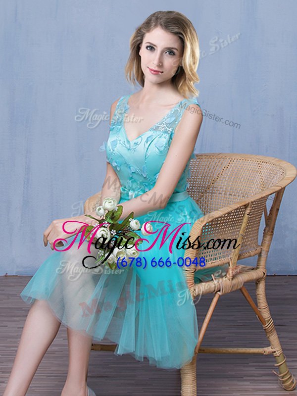 wholesale aqua blue empire lace and appliques and bowknot bridesmaids dress lace up tulle sleeveless knee length