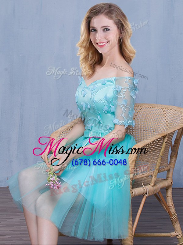 wholesale elegant aqua blue tulle lace up off the shoulder short sleeves knee length dama dress for quinceanera lace and appliques and bowknot