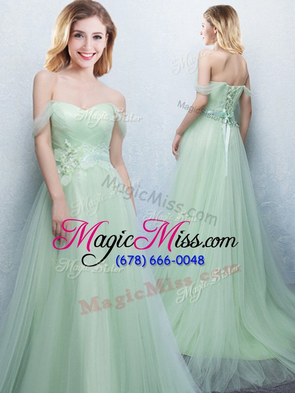 wholesale noble off the shoulder apple green empire appliques and ruching damas dress lace up tulle sleeveless with train
