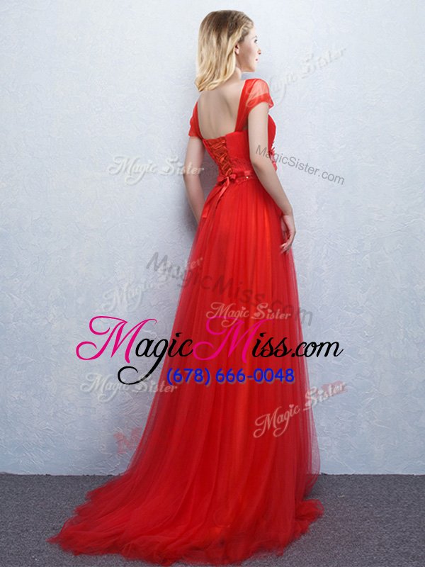 wholesale modern off the shoulder red empire appliques and ruching bridesmaid gown lace up tulle sleeveless with train