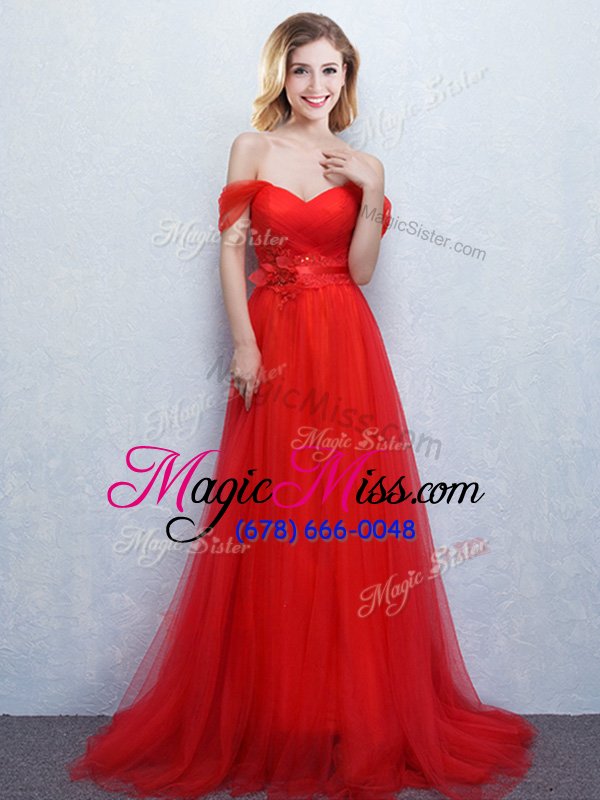 wholesale modern off the shoulder red empire appliques and ruching bridesmaid gown lace up tulle sleeveless with train