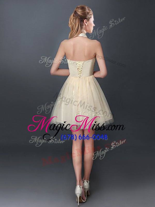 wholesale fancy halter top champagne sleeveless lace and appliques mini length wedding guest dresses
