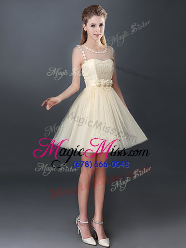 wholesale fashion scoop sleeveless lace up quinceanera dama dress champagne tulle