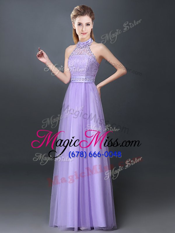wholesale most popular halter top lavender sleeveless lace and appliques floor length bridesmaid dresses