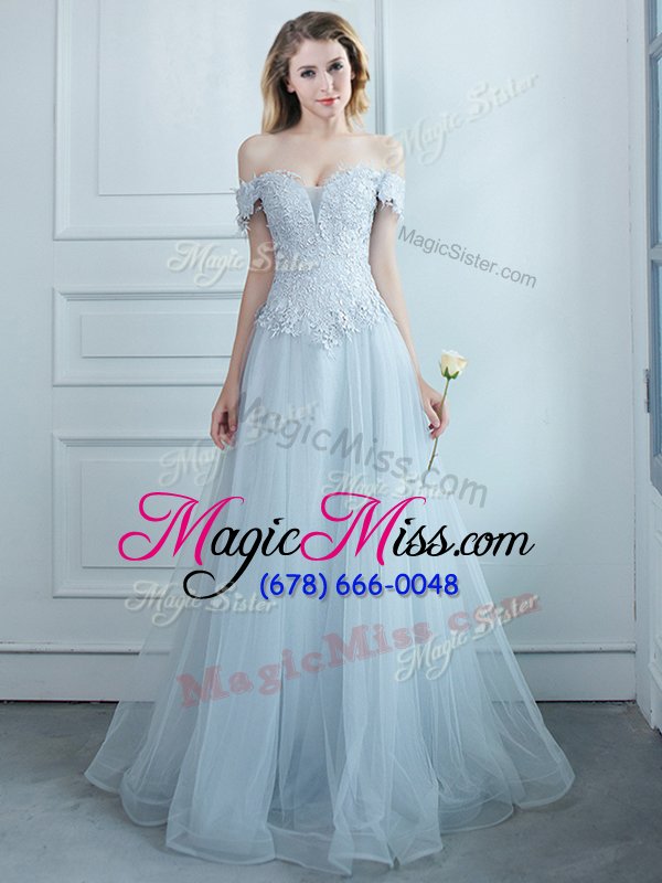 wholesale low price light blue off the shoulder lace up beading and appliques quinceanera court dresses cap sleeves
