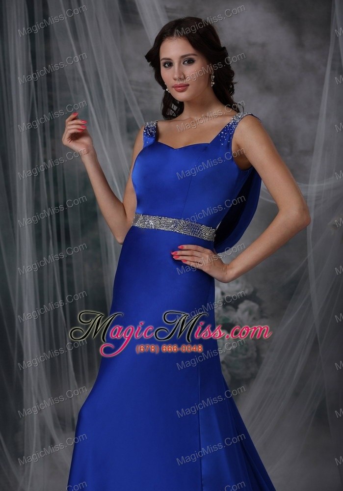 wholesale royal blue column straps court train elastic wove satin beading prom dress