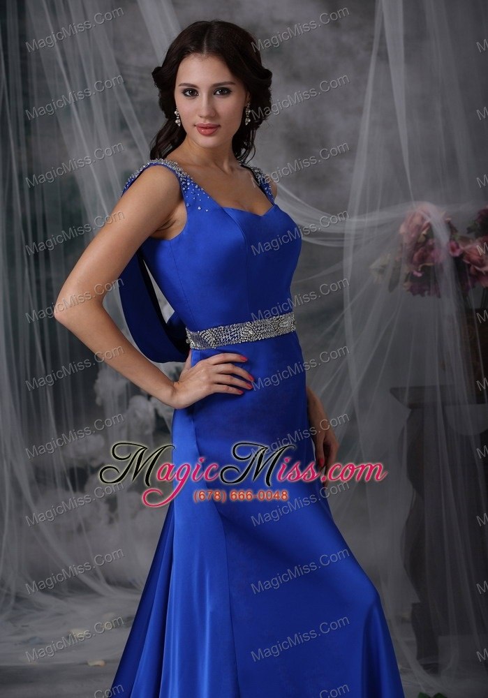 wholesale royal blue column straps court train elastic wove satin beading prom dress