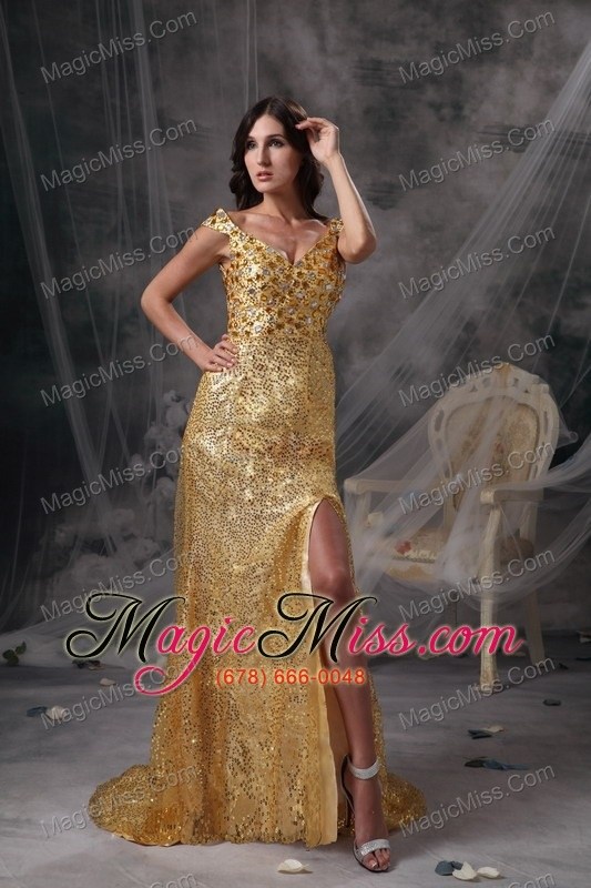 wholesale gold empire v-neck floor-length sequin beading and ruch prom / celebrity dress