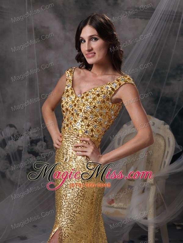 wholesale gold empire v-neck floor-length sequin beading and ruch prom / celebrity dress