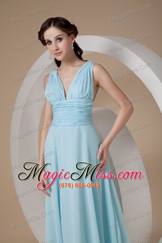 wholesale aqua column / sheath v-neck floor-length chiffon ruch prom dress